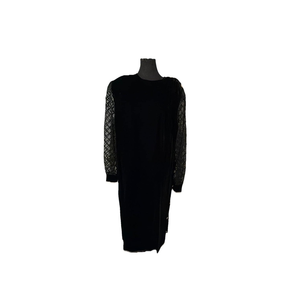 VTG Tracy Richards Sz 20P Black‎ Velvet  Midi Dress Sheer Embroidery Long Sleeve